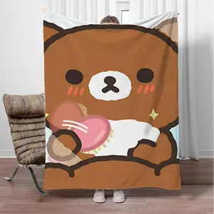 Rilakkumas Plush Fleece Blanket - Soft Brown & White Cozy All-Season Bedspread with Cute Anime Character Print, Machine Washable for Bed, Sofa, Car, Office - Ideal Gift for Home Decor & Dorm Room