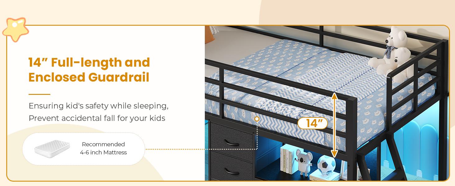 Sikaic Twin Low Loft Bed with Stairs, 7 Storage Drawers, Bookcase & LED Lights, Metal Loft Bed with 14" High Safety Guardrail, Inclined Ladder and Play Curtain, Under-Bed Play Space, Black, Home Furniture, Dorm Essentials [tiktokshopbacktoschool]