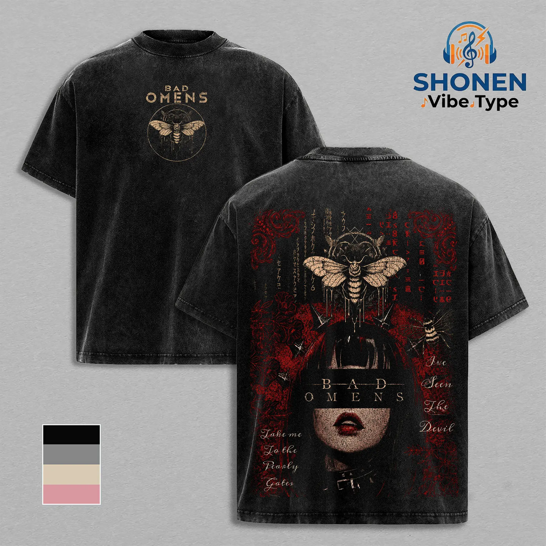 Bad Omens Moth Vintage Washed Graphic Tee, Streetwear for Men, Oversized Heavyweight Black Shirt, Gothic Metalcore Band Merch, Dark Aesthetic Clothing, Alternative Rock T-Shirt