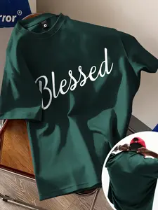 Unisex Blessed Handwritten Thankful Simple Print T-Shirt, Loose Fit Breathable Fabric, Casual Daily Wear, Minimalist Style