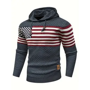 [Cozy American Flag Hooded Sweater] Men's Patriotic American Flag Hooded Pullover Sweater - Casual Waffle Knit with Drawstring, Long Sleeve, Cozy Polyester Blend, Ideal for Independence Day & Autumn/Winter Wear, American Flag Clothes