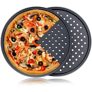 12inch Round Perforated Pizza Pan With Holes 2 Pack Carbon Steel Non-Stick Tray for Home Kitchen Baking Crispy Pizza