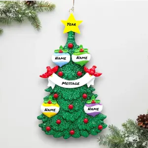 Personalized Green Glitter Christmas Tree of 4 Ornament – Family of 4 with Custom Names, Year & Message – Sparkly Holiday Decor – Noel Box