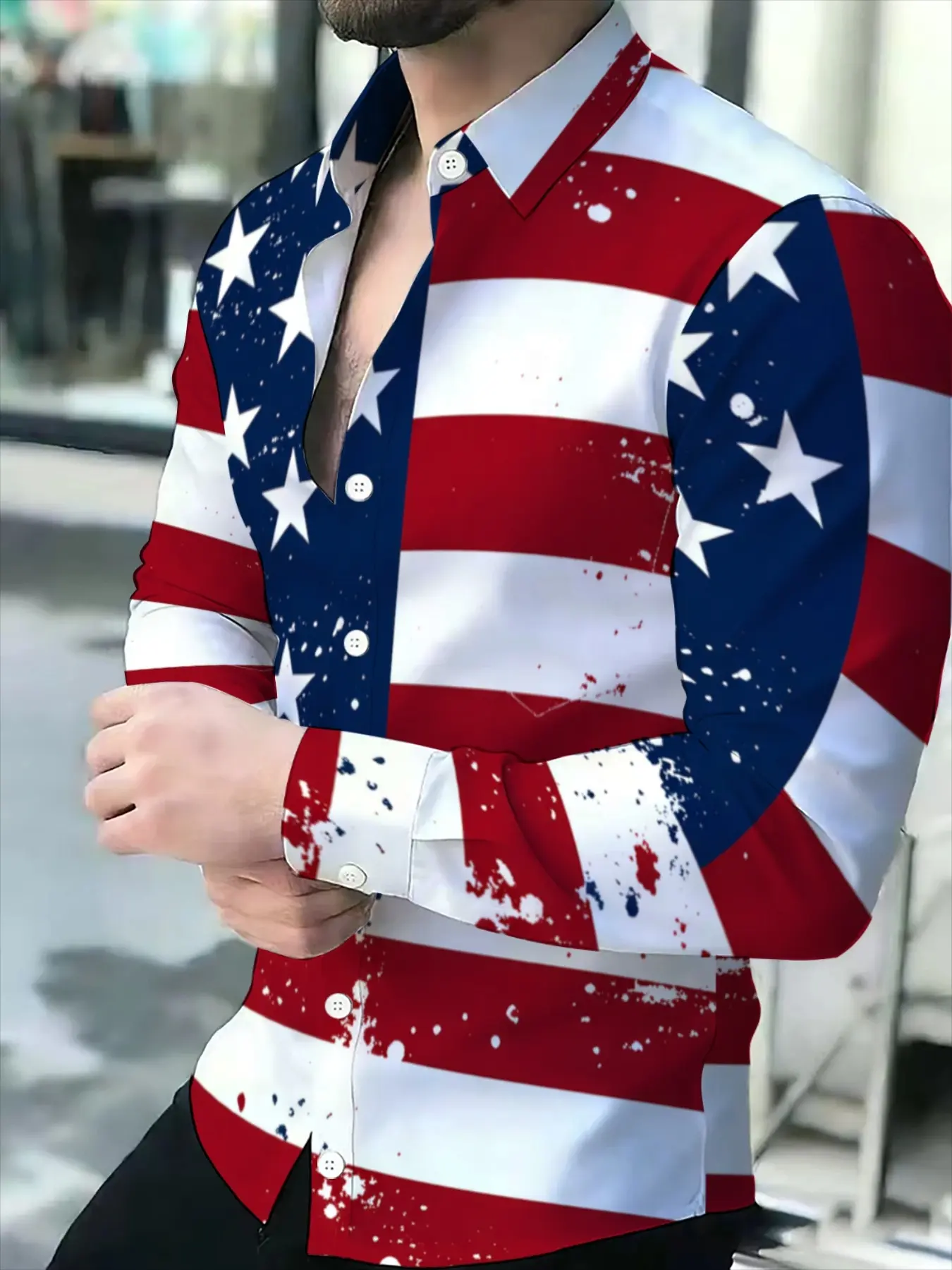 Men's Long Sleeve American Flag All Over Printed Splatter Print Casual Shirt