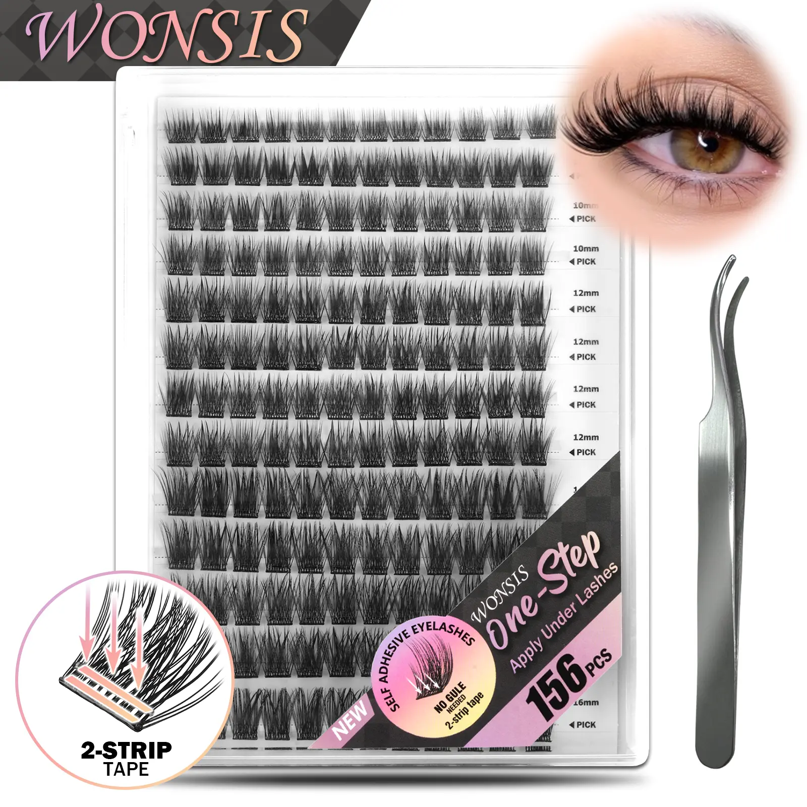 WONSIS Self Adhesive Eyelashes, 156 Pcs Self Adhesive Eyelash Clusters, No Glue Needed, Invisible 2-Strip Tape - Longer Lasting, No Sticky Residue Pre Glued Eyelashes (Volume-Mixed) Daily Makeup Eyelash Extension Cosmetic