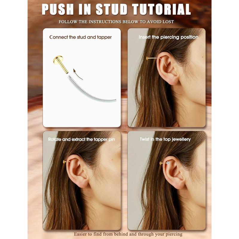 14K Gold Plated Flat Back Stud Earrings - 316L Surgical Steel Internal Thread CZ Stud Piercing Jewelry for Tragus Helix Cartilage Conch Nose Hypoallergenic Lip Monroe Labret Medusa Piercing 16G 18G