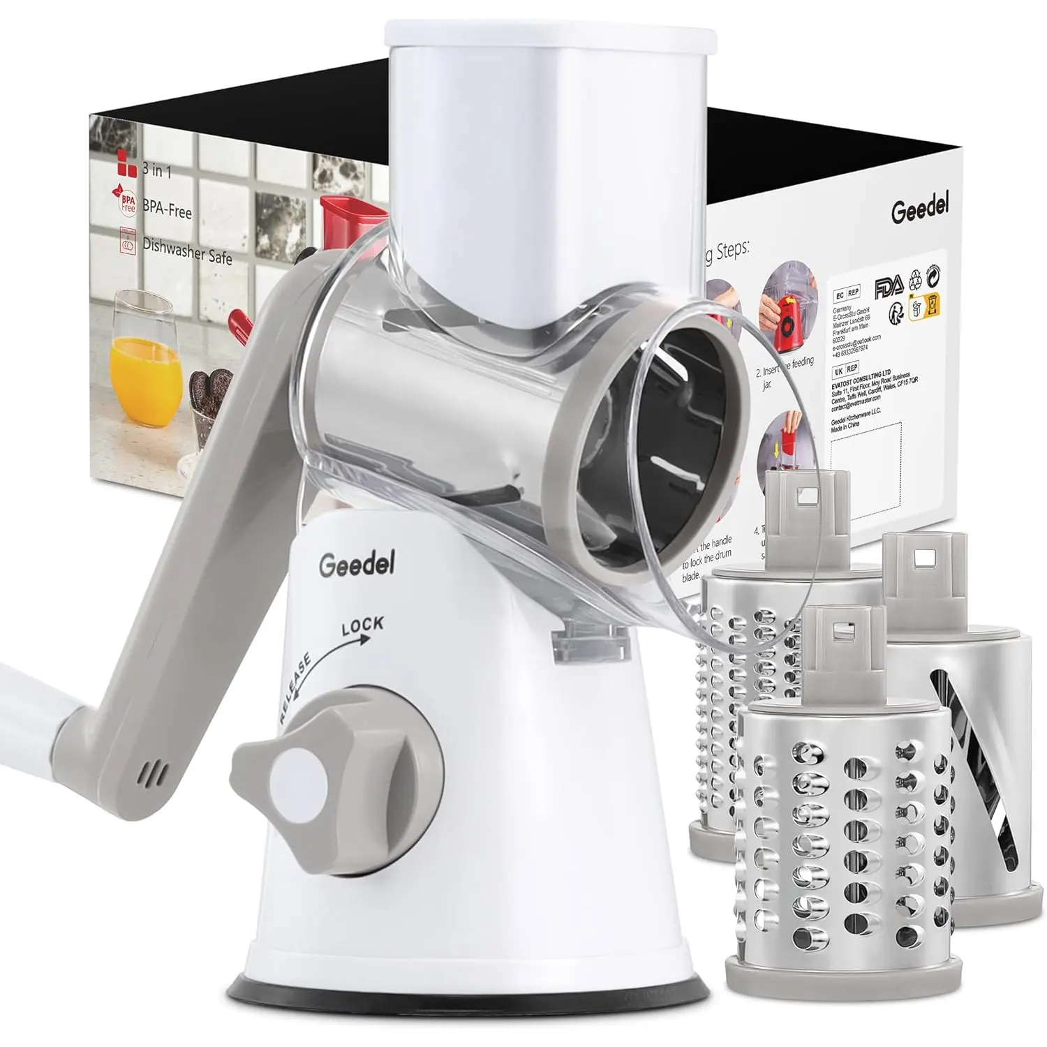 Geedel Rotary Cheese Grater, Kitchen Mandoline Vegetable Slicer with 3 Interchangeable Blades, Easy to Clean Rotary Grater Slicer for Fruit, Vegetables, Nuts GDL
