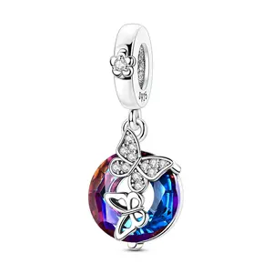 MULA 925 Silver-plated Butterfly Circle Pendant with Colored Glass and Zirconia - Symbolizes Transformation and Freedom, Fits Pandora Bracelets and Necklaces - Gift for Women and Girls