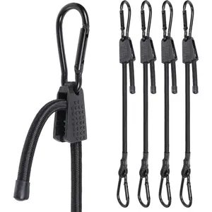 Adjustable Bungee Cords with Hook 24" Elastic Carabiner Bungee Cord Heavy Duty Bungee Straps for Outdoor Camping, Tents, Cargo 4 count Black