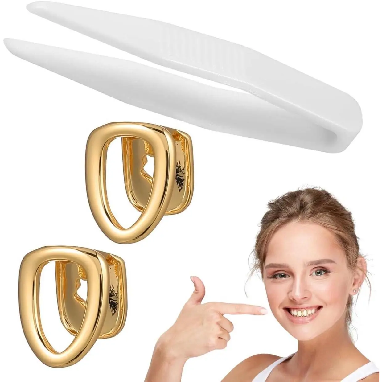 4Pcs Fake Gold Tooth Grills for Your Teeth, Hip Hop Dental Grills Tooth Caps, Copper Hollow Metal Grill, Removable Golden Plated Grill, Costume Teeth Jewelry for Women Men Party Halloween Cosplay