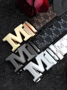 Men's Letter Design Automatic Buckle Leather Belt, Fashion Belt for Party, Daily Clothing Decor, Trendy All-match & Exquisite Belt for Birthday Gift