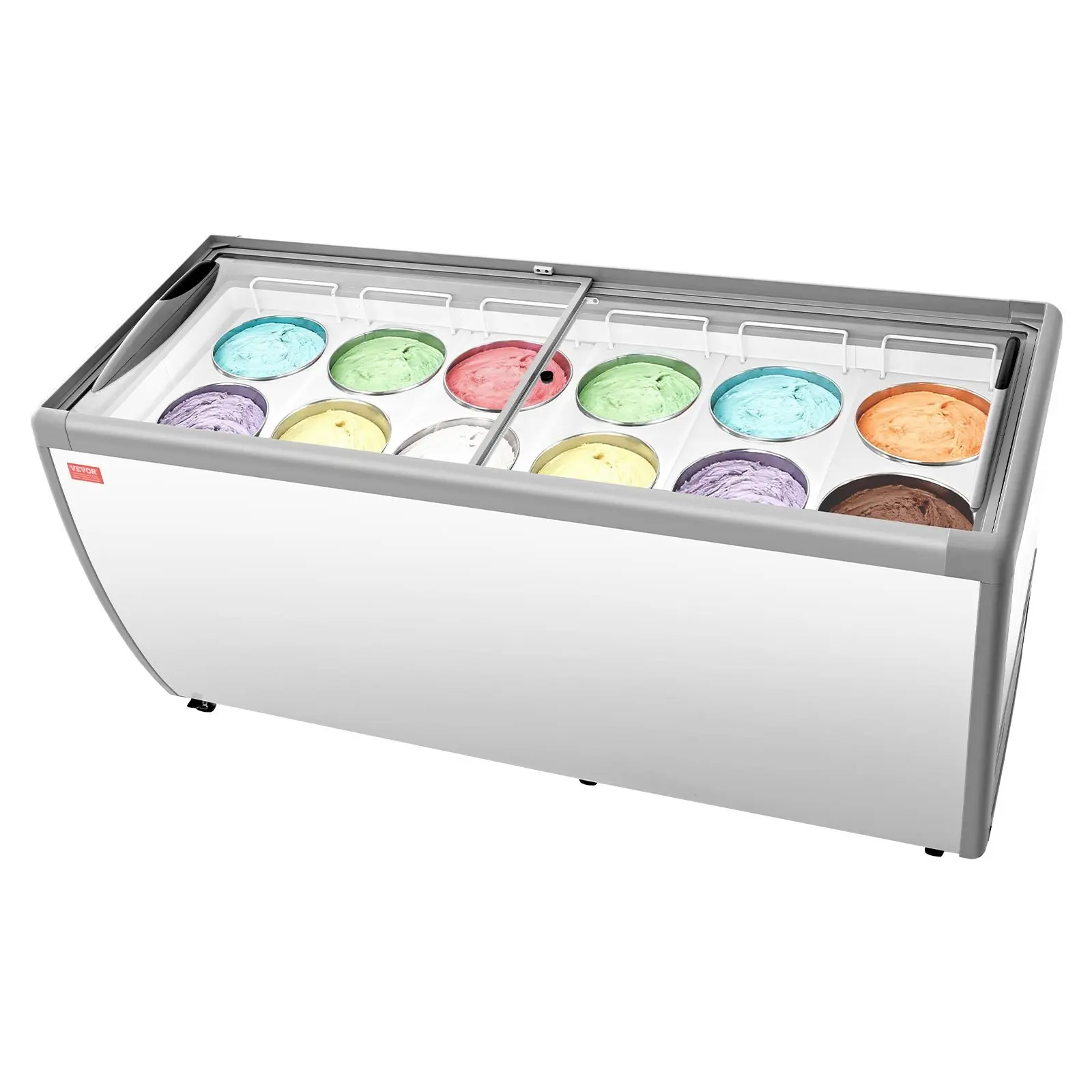 VEVOR Commercial Ice Cream Display Case, 20 Cu. ft Chest Freezer with Sliding Glass Door, Restaurant Gelato Dipping Cabinet, Locking Casters, LED Lighting, Holds 12 Ice Cream Tubs, Sliding Door, Deep Freezer
