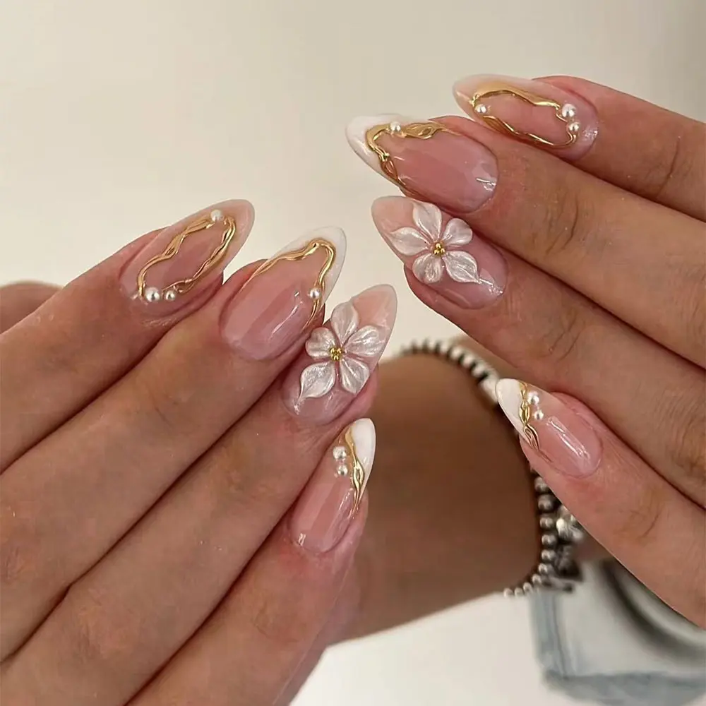 Elevate Your Style, 24pcs Medium Almond French Press-On Nails, Nails Press Ons, Glossy Finish, Summer Gel Petal Pattern, Pearls, Easy Wear Nail Art Design for Women & Girls