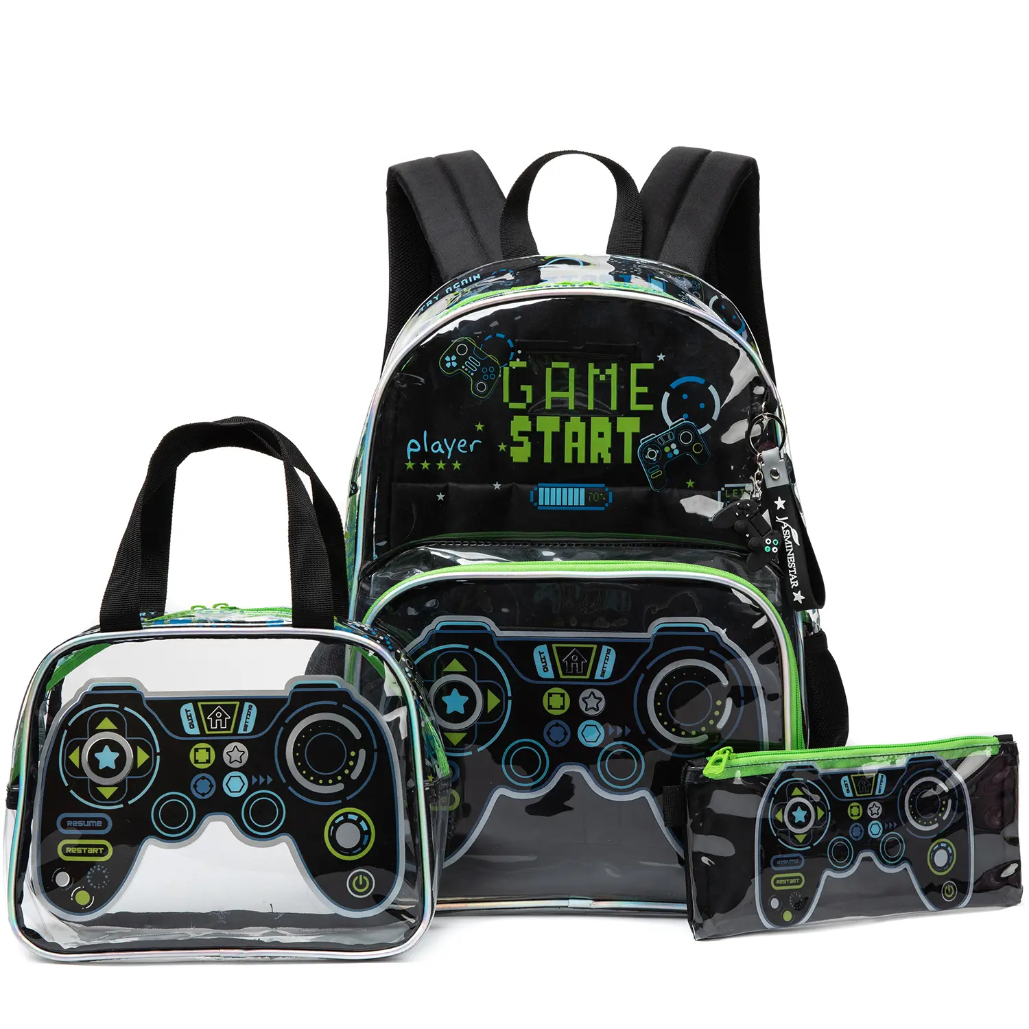 Kids' Clear Transparent Game Controller Backpack Set - Black-Green Gaming Print School Bag with Matching Insulated Lunch Bag, Pencil Case & Ergonomic Padded Straps