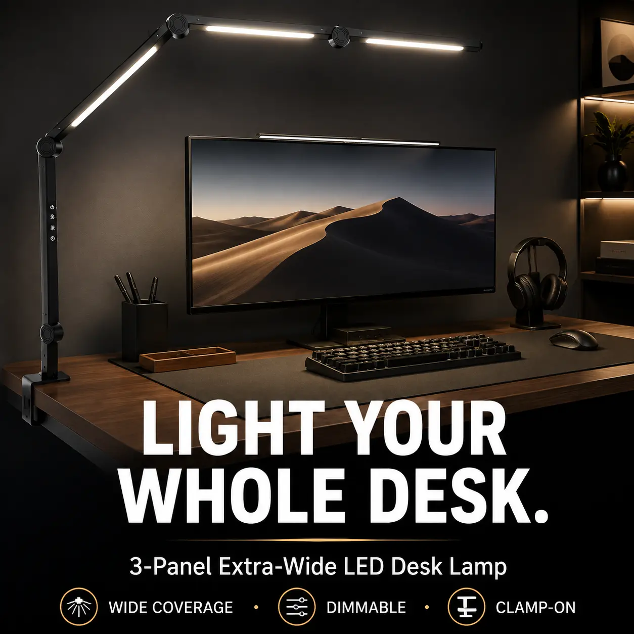 UOYGAO Compact 3-Panel Clamp-On LED Desk Lamp - Foldable, Extra-Wide Adjustable, 5-Level Dimming (20%-100%), Warm/Cool Color Temp (3500K-6000K), Eye-Friendly, Mood Lighting, Multi-Angle Energy Saver with AC Power Supply for Home Office, Study