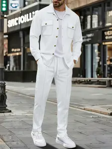 2026 Men's Waffle Set, Matching Spring Summer Two-Piece Long Sleeve Collared Top with Drawstring High Waist Pants, Casual Fit for Running, Stylish Men's Clothing