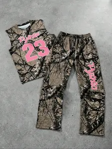 Men's Camo Sports Set, Python Letter Print Sleeveless Top, Drawstring Cargo Pants, Summer Outdoor Camping Running Fishing