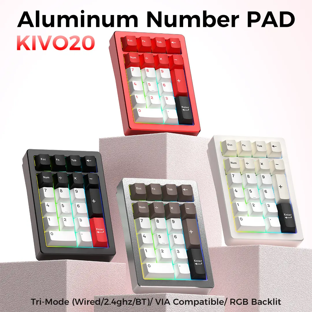 ELECFOX KIVO 20 Wireless Aluminum Mechanical Numpad with RGB Backlit, 20 Keys, Ergonomic Design, Kailh Snowlike Switches, Tri-Mode Connectivity