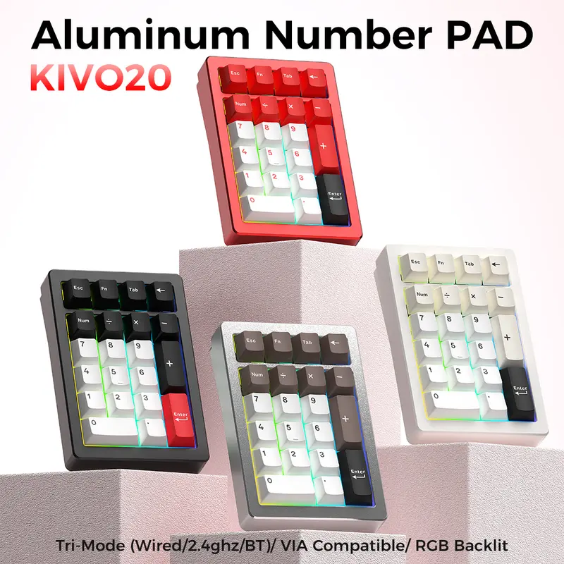 ELECFOX KIVO 20 Wireless Aluminum Mechanical Numeric Keypad - 20 Keys, RGB Backlight, Numpad Tri Modes, Kailh Snowlike Switches, 7° Typing Angle, Factory Lubed, Ergonomic, Programmable Numpad, VIA Supported, for Mechanical Users, PC Gaming Accessories