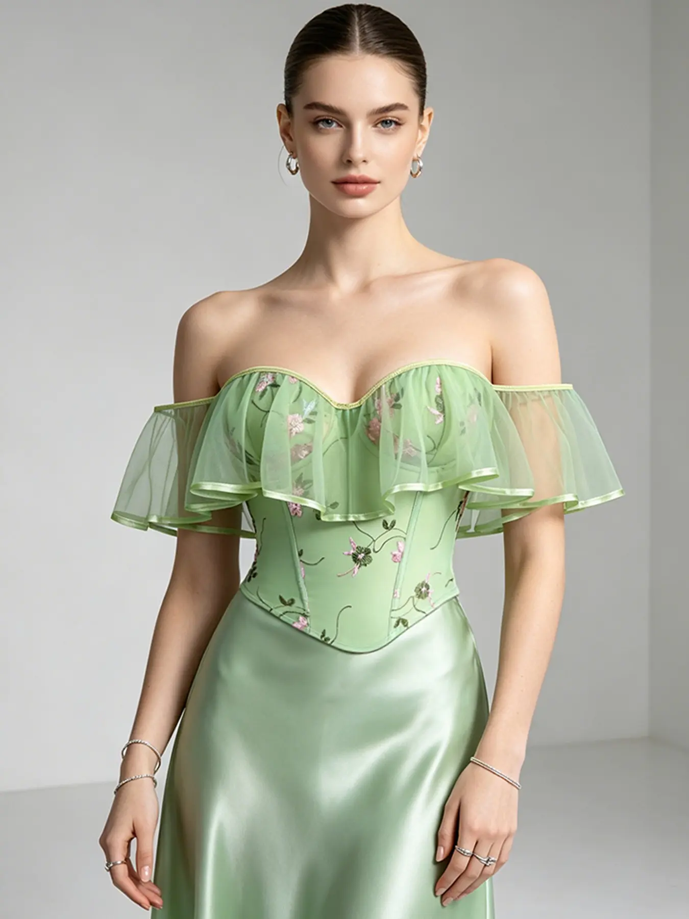 Viral TikTok Coquette Aesthetic Women Double-Layer Embroidered Off Shoulder Corset Top Mint Green Ruffle Mesh Bustier Waist Trainer For Date Night Wedding Guest Party Chic Feminine