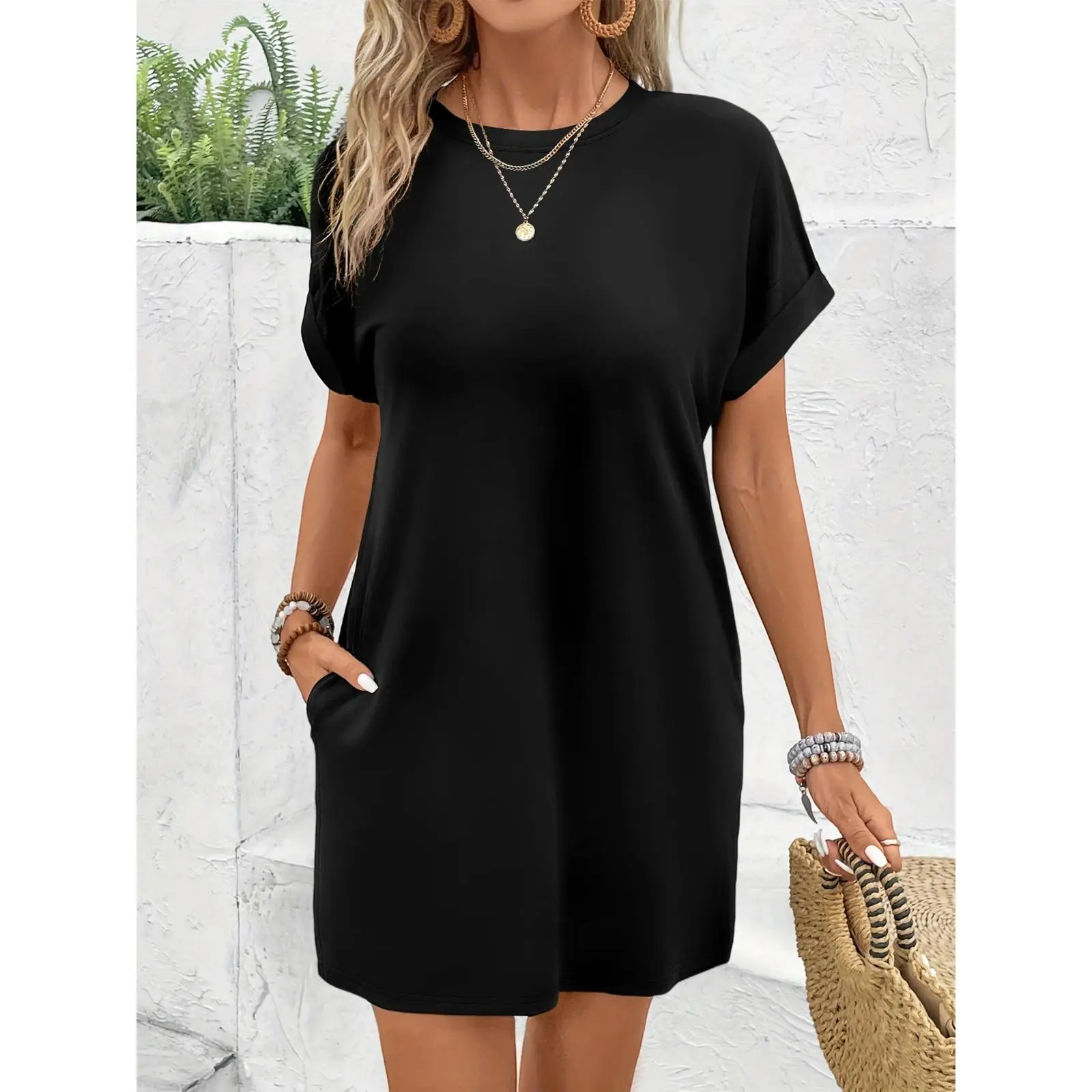 Lady's Casual Fitted Round Neck Short-Sleeve T-Shirt Dress - Minimalist  Loose-Fit Mini Dress with Pockets for Summer Daily Wear, Sports & Outdoor  Streetwear Top, Casual Wear - TikTok Shop