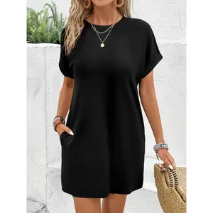Lady's Casual Fitted Round Neck Short-Sleeve T-Shirt Dress - Minimalist Loose-Fit Mini Dress with Pockets for Summer Daily Wear, Sports & Outdoor Streetwear Top, Casual Wear