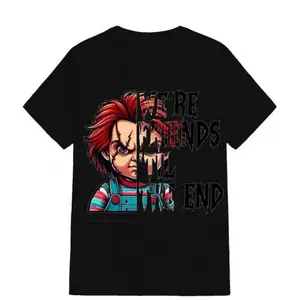 top clothing tee Chucky We're Friends 'Til The End Horror Doll American Retro Black Short-Sleeved Unisex Crew T-Shirt Cult Classic Graphic Casual Streetwear for Thriller Fans Apparel Cotton Fitted Green Menswear Oversized Personalized Crewneck