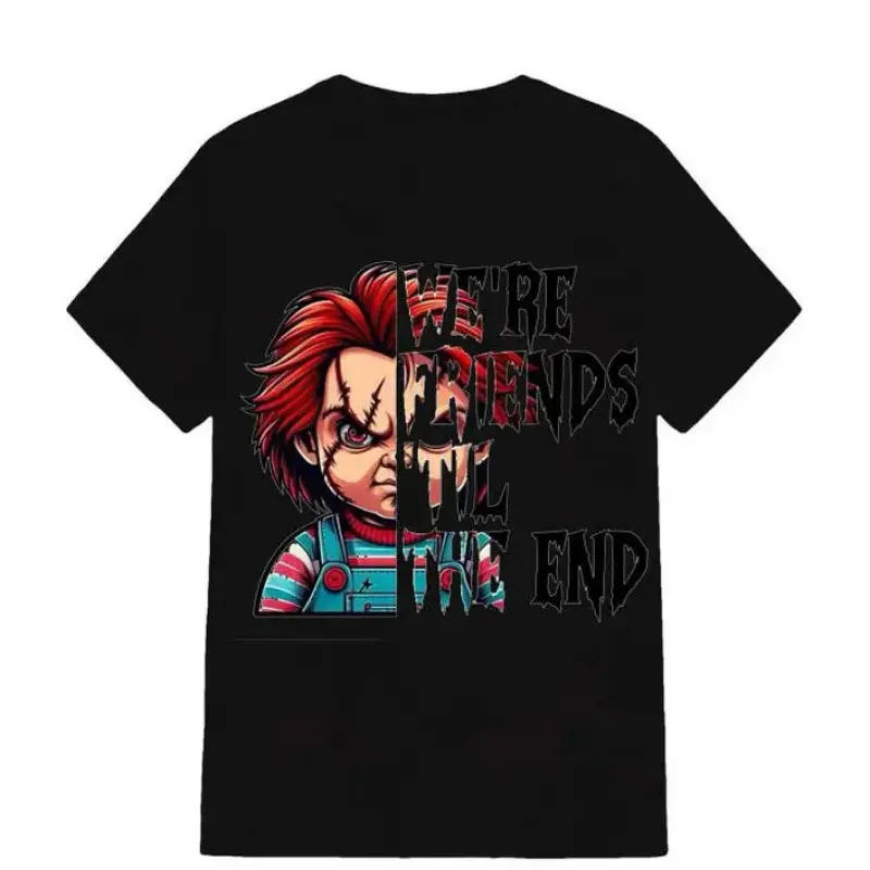 Graphic Tee with Retro Chucky Horror Motif, Unisex Streetwear Aesthetic Tshirt for Movie Fans, Fade-Resistant Print, Shortsleeve, Bold Graphic Tee