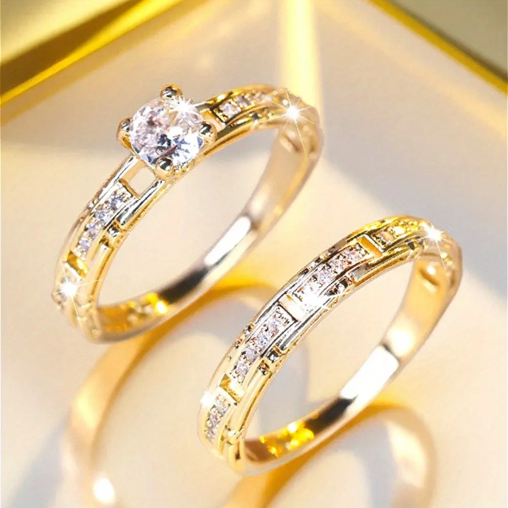 Women and Men's 2-Piece Shiny Cubic Zirconia Hollow Round CZ Rings Set, Stackable Beautiful Wedding Ring Sets, Luxurious Elegant Costume Jewelry Accessories, Stackable Rings