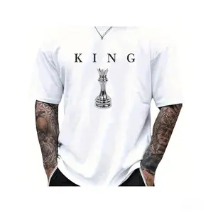 Men's Casual Round Neck Retro Fashion Comfortable Single-Sided Printed T-Shirt - Letter KING Men's Black Chess King Pattern Print |   Casual Short Sleeve Round Neck T-Shirt Short Sleeve Top, Men's Gift, Unisex Comfortable Casual Clothing