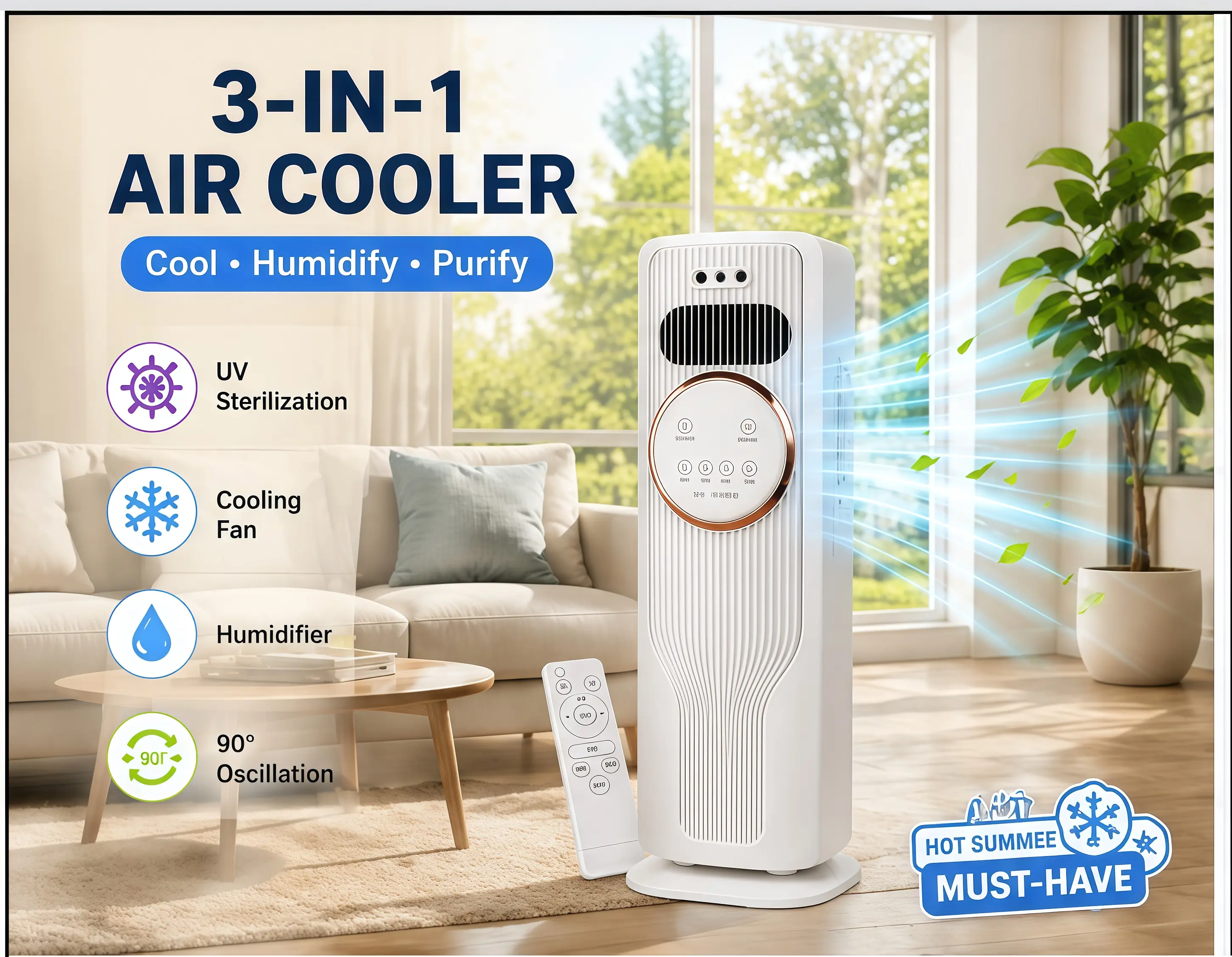 4000ML Evaporative Air Cooler with 1500W Heater | 3 Fan Speeds | 3 Summer Modes (Fan/Humidifier/Cooler) | 2 Heat Settings | Remote | Portable Tower Fan Heater