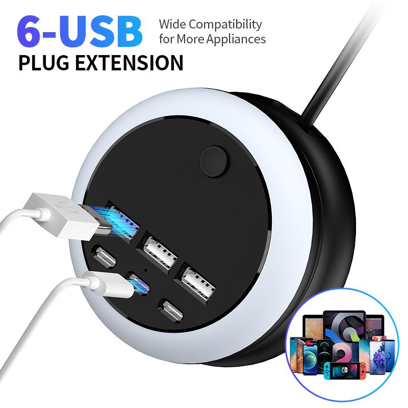 6 Port USB Power strip (3USB-A+3USB-C) | 8 Night Light Modes, USB Power strip with 1.2m/3.94ft Ultra-Thin Extension Cord - Perfect for Travel, Home, Office, and Business Use