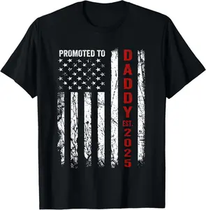 Men's Cotton T-Shirt, Vintage Distressed "Promoted to Daddy Est. 2025" Patriotic Graphic, Casual Short Sleeve Crew Neck Top, Cotton Shirt