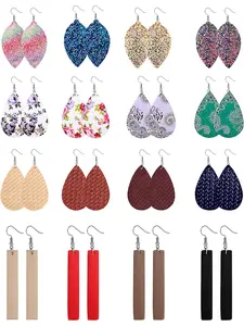 16Pairs Teardrop Leather Earrings for Women Lightweight Glitter Leaf Bar Leopard Dangle Drop Earrings Faux Leather Earring Set