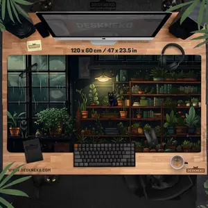 Cozy Desk Mat Mousepad, Large Mouse Pad Lofi Cat Aesthetic, Dark green plants books, RGBLED deskmat xxl, Giant keyboard matt xl, decor gift, Desk Mat Gifts