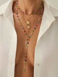 4 Piece Set Vintage Metal Jesus Cross Y-Style Long Necklace, Bohemian Style Boho Chic Crystal Colorful Pendant Jewelry, Perfect Fashion Gift for Women