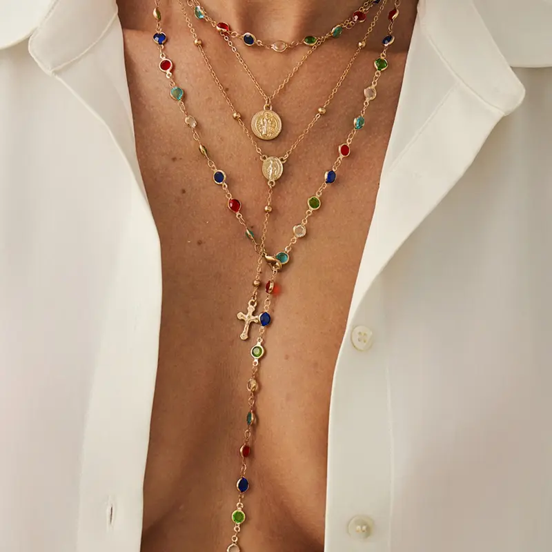 4 Piece Set Vintage Metal Jesus Cross Y-Style Long Stackable Layered Necklaces, Bohemian Style Boho Chic Crystal Colorful Pendant Jewelry, Perfect Fashion Gift for Women