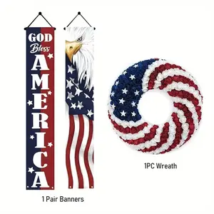 4th of July Patriotic Decoration Set – 16" Red White & Blue Rose Wreath + Polyester Banner Signs – Independence Day Home Decor