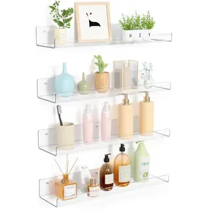 Clear Acrylic Wall Shelf - Multi-Purpose Bathroom/Kitchen Organizer with Dividers for Spices, Books & Kids' Toys (No Drill Mounting)