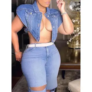 Plus size women's fashionable and unique short denim vest, single breasted irregular lapel washed denim jacket, spring and summer new fashion, simple button topRAIMENTRY