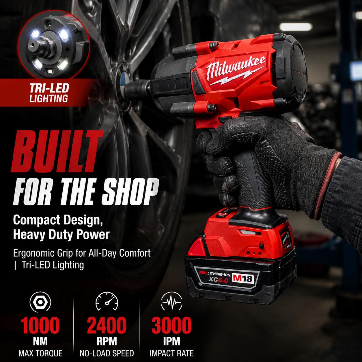 Milwaukee M18 1/2" High Torque Impact Wrench Kit, 6.0AH Battery, 1000N Torque, 1000 ft-lbs Fastening, 1400 ft-lbs Nut-Busting, 4-Mode Drive Control, Heavy Duty Repair & Construction Power Tool