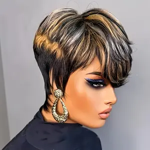 New Fashion Pixie Cut Wig Short Human Hair Wigs for - Non-Lace Front with Bangs, 180% Density Straight Hair, Rose Net Cap, Natural Look & Easy Maintenance