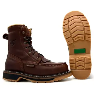 Fuerbo Premium Handcrafted Lacer Moc Toe Leather Work Boots Dual Density Goodyear Welt Sole Anti-Fatigue Oil & Slip Resistant L-55 Brown Mid-Calf Lace Up Men Footwear Comfort