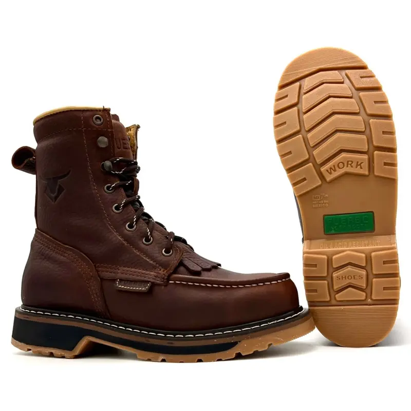 Fuerbo Premium Handcrafted Lacer Moc Toe Leather Work Boots Dual Density Goodyear Welt Sole Anti-Fatigue Oil & Slip Resistant L-55 Brown Mid-Calf Lace Up Men Footwear Comfort