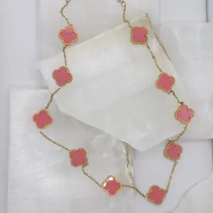 15MM PINK CLOVERS GOLD STEEL necklace