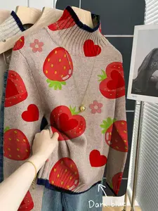 Women's Half High Neck Knit Sweater, Casual Heart Pattern, Spring Fall Winter, Valentine's Day Print, Perfect for Layering, Knitwear