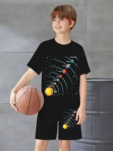 Boys' Trendy Sun System Planet Print Set, Skin-Friendly Durable Basketball Sports Two-Piece, Casual Slim-Fit Short Pants