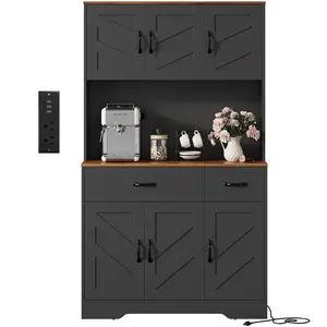 Garvee Pantry Cabinet with Charging Station and Microwave Shelf, 71" Kitchen Storage Hutch featuring Farmhouse Style, Drawers, Adjustable Shelves, Available in Black and White, Ideal for Dining Room Use