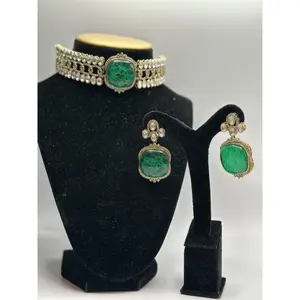 Kundan chain choker set green