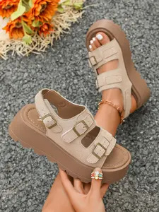 Women's Vintage Double Buckle Thick Sole Sandals, Matte Toe-Open Platform Shoes, Summer Outdoor Vacation Streetwear Height Increasing